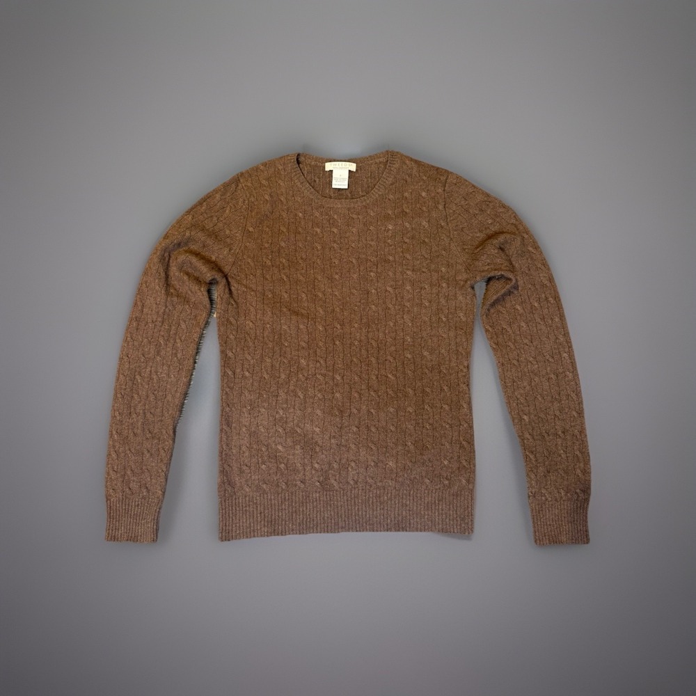 100% Cashmere Sweater V-Neck Cable Knit Brown Tweeds Womens Size S Preppy